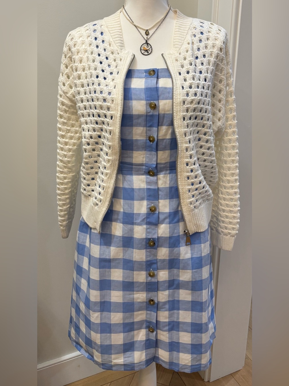 Gingham Sundress Blue and White J Crew Button-Front, Size 2, Linen Cottagecore - Picture 9 of 10